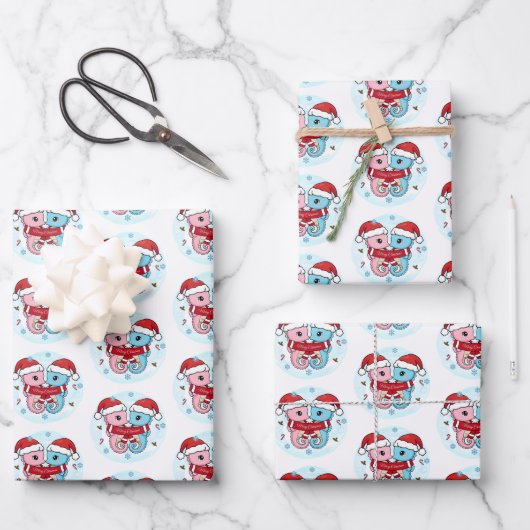 Cute Seahorses Christmas Wrapping Paper Sheets ラッピングペーパーシート (正面)