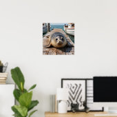 Cute Seal Laying on Boat Dock Ocean Pier ポスター (ホームオフィス)