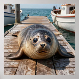 Cute Seal Laying on Boat Dock Ocean Pier ポスター
