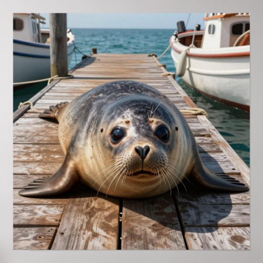 Cute Seal Laying on Boat Dock Ocean Pier ポスター (正面)