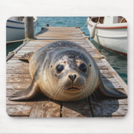 Cute Seal Laying on Boat Dock Ocean Pier マウスパッド