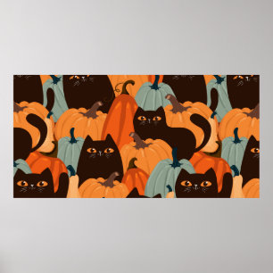 Cute seamless pattern with black cats and pumpkins ポスター