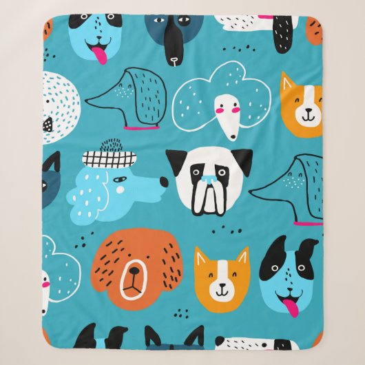 Cute seamless pattern with funny dogs on a blue ba シェルパブランケット (正面)