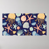 Cute seamless pattern with jellyfish, shells, fish ポスター (正面)