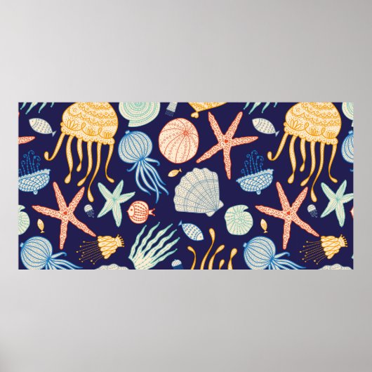 Cute seamless pattern with jellyfish, shells, fish ポスター (正面)