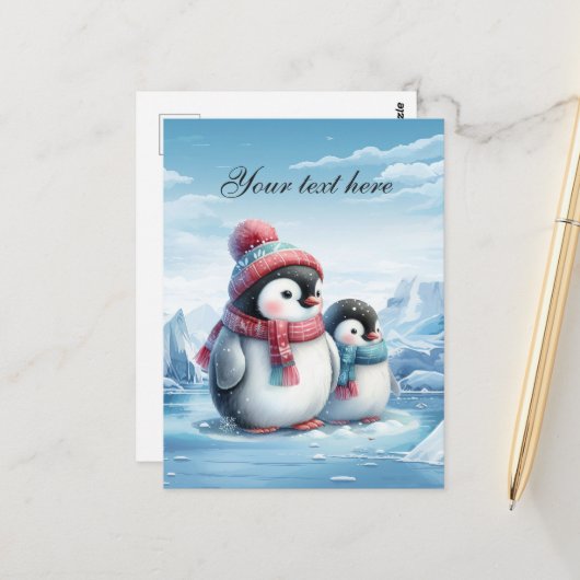 Cute Seasonal Winter penguin add text ポストカード (正面/裏面インサイチュ)