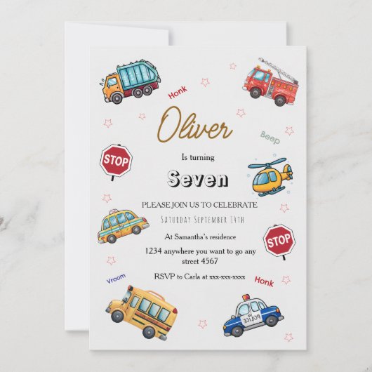 Cute Service Vehicle Birthday bash  招待状 (正面)