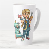 Cute Sewing Girl Cartoon with Vintage Machine カフェラテマグ (右アングル)