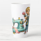 Cute Sewing Girl Cartoon with Vintage Machine カフェラテマグ (正面)