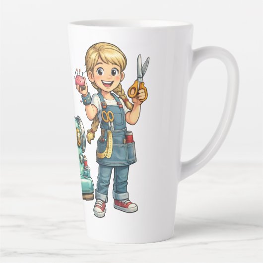 Cute Sewing Girl Cartoon with Vintage Machine カフェラテマグ (右)