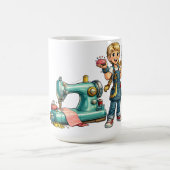 Cute Sewing Girl Cartoon with Vintage Machine コーヒーマグカップ (中央)