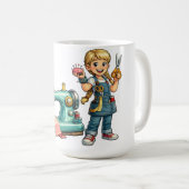 Cute Sewing Girl Cartoon with Vintage Machine コーヒーマグカップ (正面右)