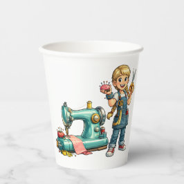 Cute Sewing Girl Cartoon with Vintage Machine 紙コップ