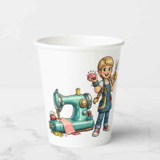 Cute Sewing Girl Cartoon with Vintage Machine 紙コップ (正面)