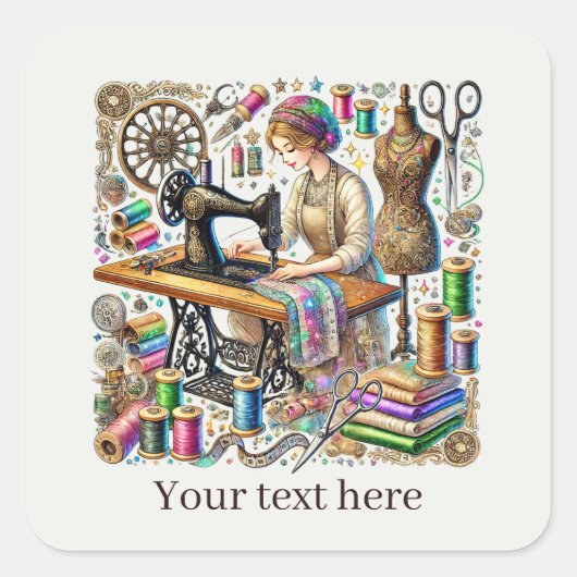 Cute sewing lovers add text スクエアシール (正面)