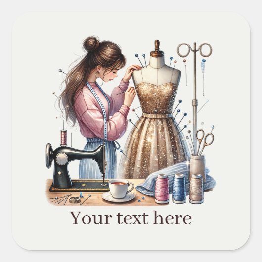 Cute sewing lovers add text  スクエアシール (正面)