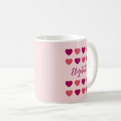 Cute Shades of Pink Hearts Script Cursive Name コーヒーマグカップ (正面右)