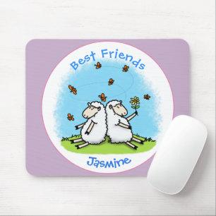 Cute sheep friends and butterflies cartoon マウスパッド