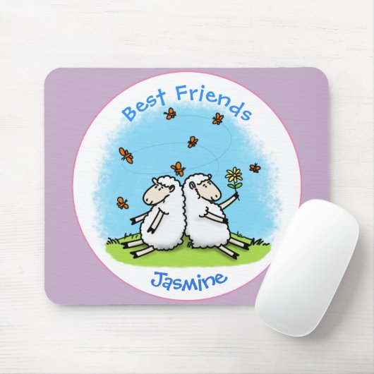 Cute sheep friends and butterflies cartoon マウスパッド (マウス)