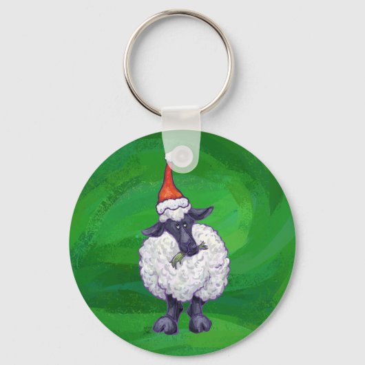 Cute Sheep in Santa Hat On Green キーホルダー (正面)