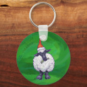 Cute Sheep in Santa Hat On Green キーホルダー (正面)