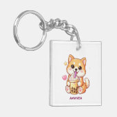 Cute Shiba Inu Dog Drinking Bubble Tea Add Name キーホルダー (正面左)