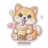 Cute Shiba Inu Dog Drinking Bubble Tea Add Name シール (正面)