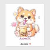 Cute Shiba Inu Dog Drinking Bubble Tea Add Name シール (シート)