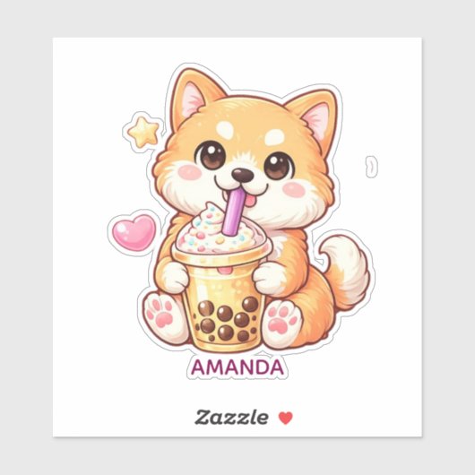  Cute Shiba Inu Dog Drinking Bubble Tea Add Name シール (シート)