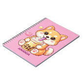 Cute Shiba Inu Dog Drinking Bubble Tea Add Name ノートブック (左側)