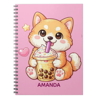  Cute Shiba Inu Dog Drinking Bubble Tea Add Name ノートブック