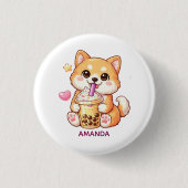Cute Shiba Inu Dog Drinking Bubble Tea Add Name 缶バッジ (正面)