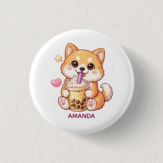  Cute Shiba Inu Dog Drinking Bubble Tea Add Name 缶バッジ (正面)