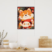 Cute Shiba Inu Hugging Panda Plush ポスター (キッチン)