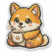 Cute Shiba Inu with Coffee – Cozy Dog Illustration シール (正面)
