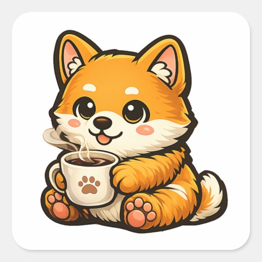 Cute Shiba Inu with Coffee – Cozy Dog Illustration スクエアシール (正面)