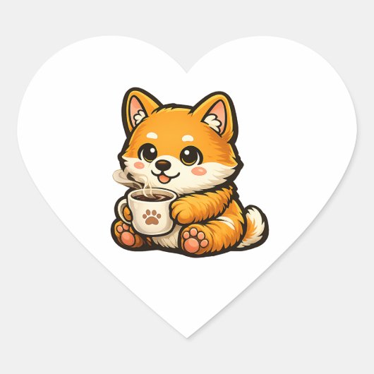 Cute Shiba Inu with Coffee – Cozy Dog Illustration ハートシール (正面)