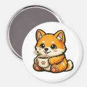 Cute Shiba Inu with Coffee – Cozy Dog Illustration マグネット (正面/裏面)