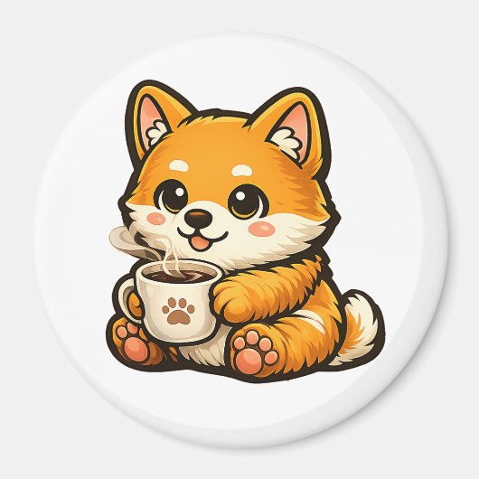 Cute Shiba Inu with Coffee – Cozy Dog Illustration マグネット (正面)