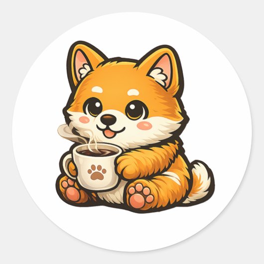Cute Shiba Inu with Coffee – Cozy Dog Illustration ラウンドシール (正面)