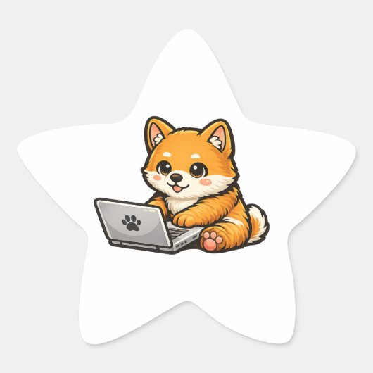 Cute Shiba Inu with Laptop – Cozy Dog Design 星シール (正面)