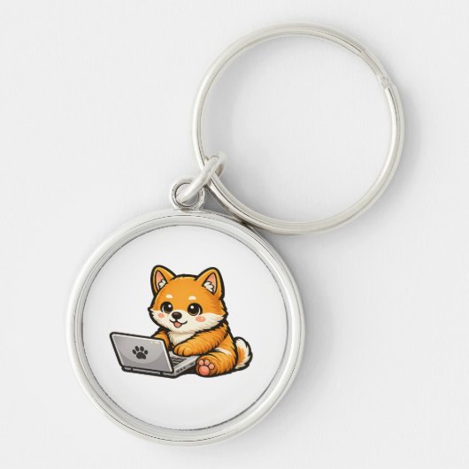 Cute Shiba Inu with Laptop – Cozy Dog Illustration キーホルダー (正面)