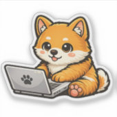 Cute Shiba Inu with Laptop – Cozy Dog Illustration シール (正面)