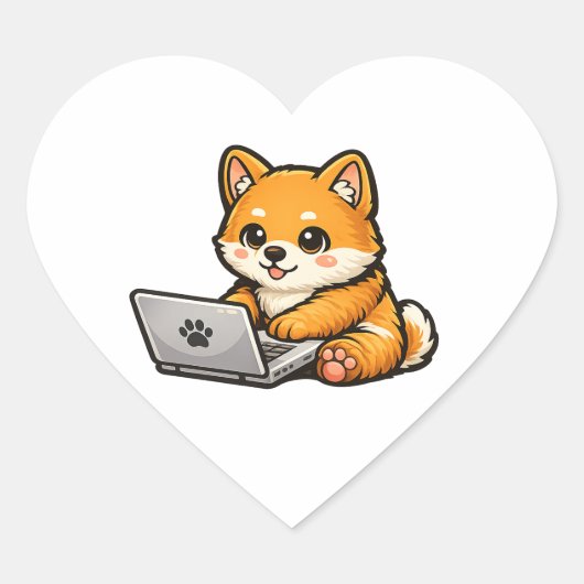 Cute Shiba Inu with Laptop – Cozy Dog Illustration ハートシール (正面)