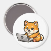 Cute Shiba Inu with Laptop – Cozy Dog Illustration マグネット (正面/裏面)