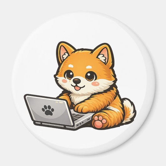 Cute Shiba Inu with Laptop – Cozy Dog Illustration マグネット (正面)