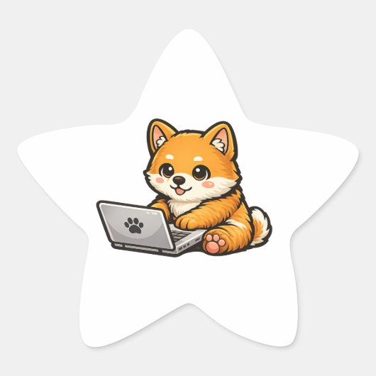 Cute Shiba Inu with Laptop – Cozy Dog Illustration 星シール (正面)