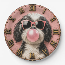 Cute Shih Tzu Blowing Pink Bubble Gum ペーパープレート
