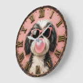 Cute Shih Tzu Blowing Pink Bubble Gum ラージ壁時計 (傾斜)