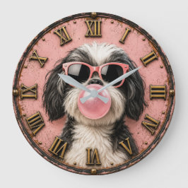 Cute Shih Tzu Blowing Pink Bubble Gum ラージ壁時計